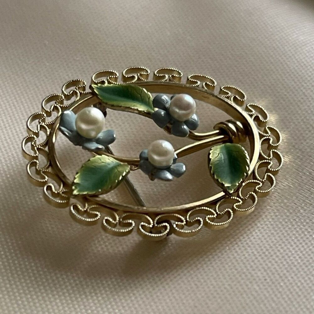 Vintage Krementz Gold Filled Forget Me Not Flower Filigree Brooch Pin Pearl Oval - Picture 8 of 11